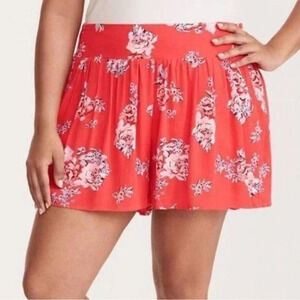 Torrid Crinkle Gauze Shorts Coral / Red  Floral High Waisted Pull On Size 0